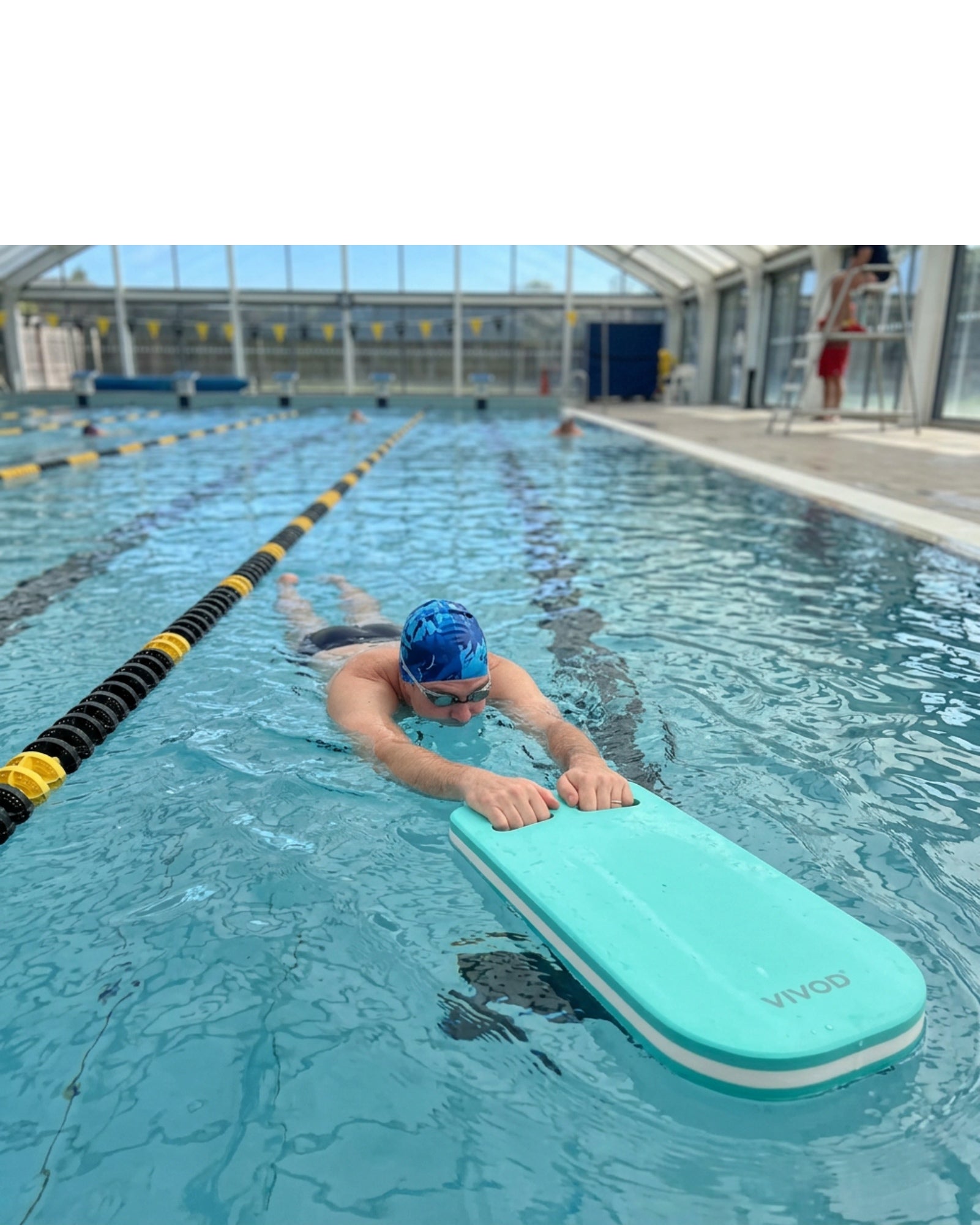 Vivod Long EVA Swimming Kickboard 50 x 28 cm with Hand Slot Aqua and White - Lifestyle view
